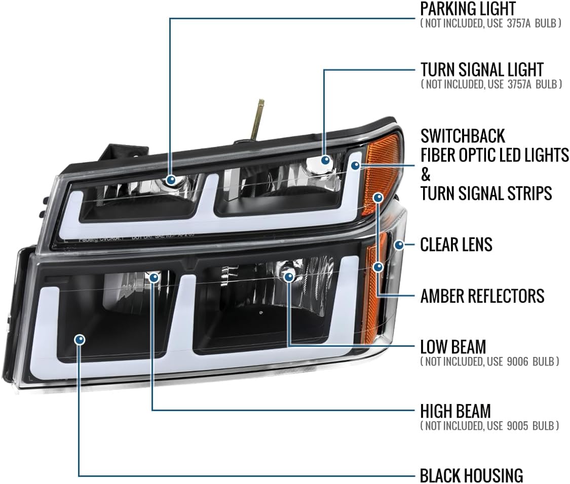 Ronnin - Fits 2004-2012 Chevy Colorado GMC Canyon 2006-2008 Isuzu i-Series LED Running Light Switchback Turn Signals Tube Headlights + Bumper Corner Lamps Assembly Pair | Black
