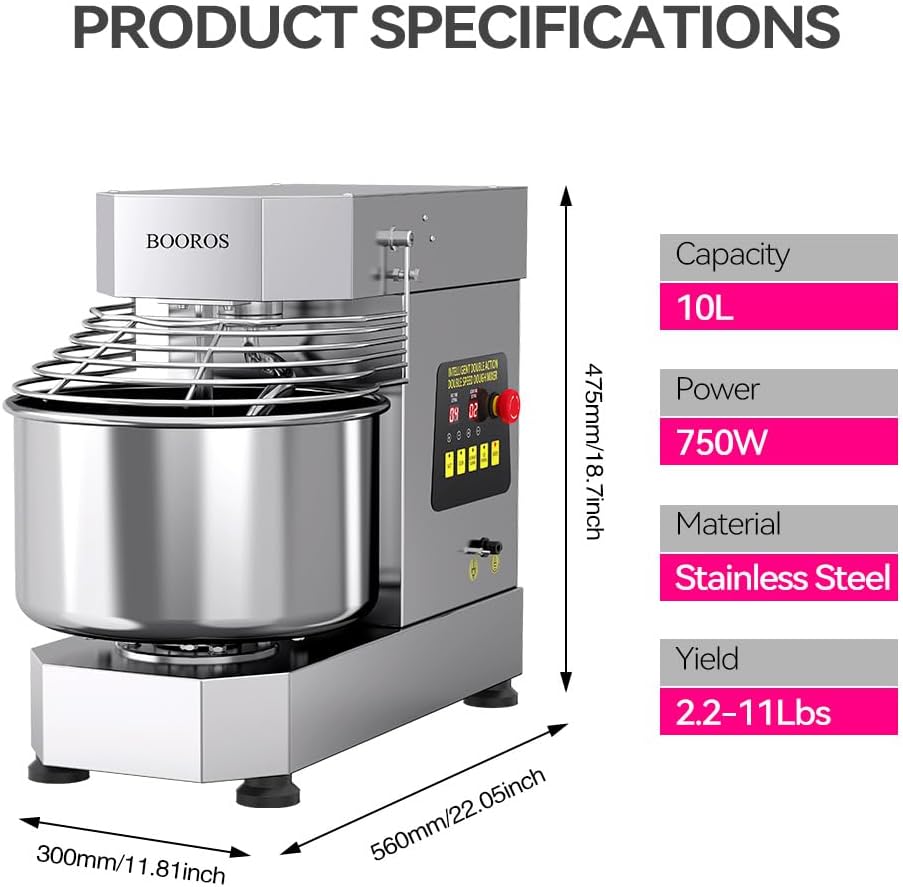 BOOROS 750W Commercial Dough Mixer,10.5 Qt Capacity, Heavy Duty image 2