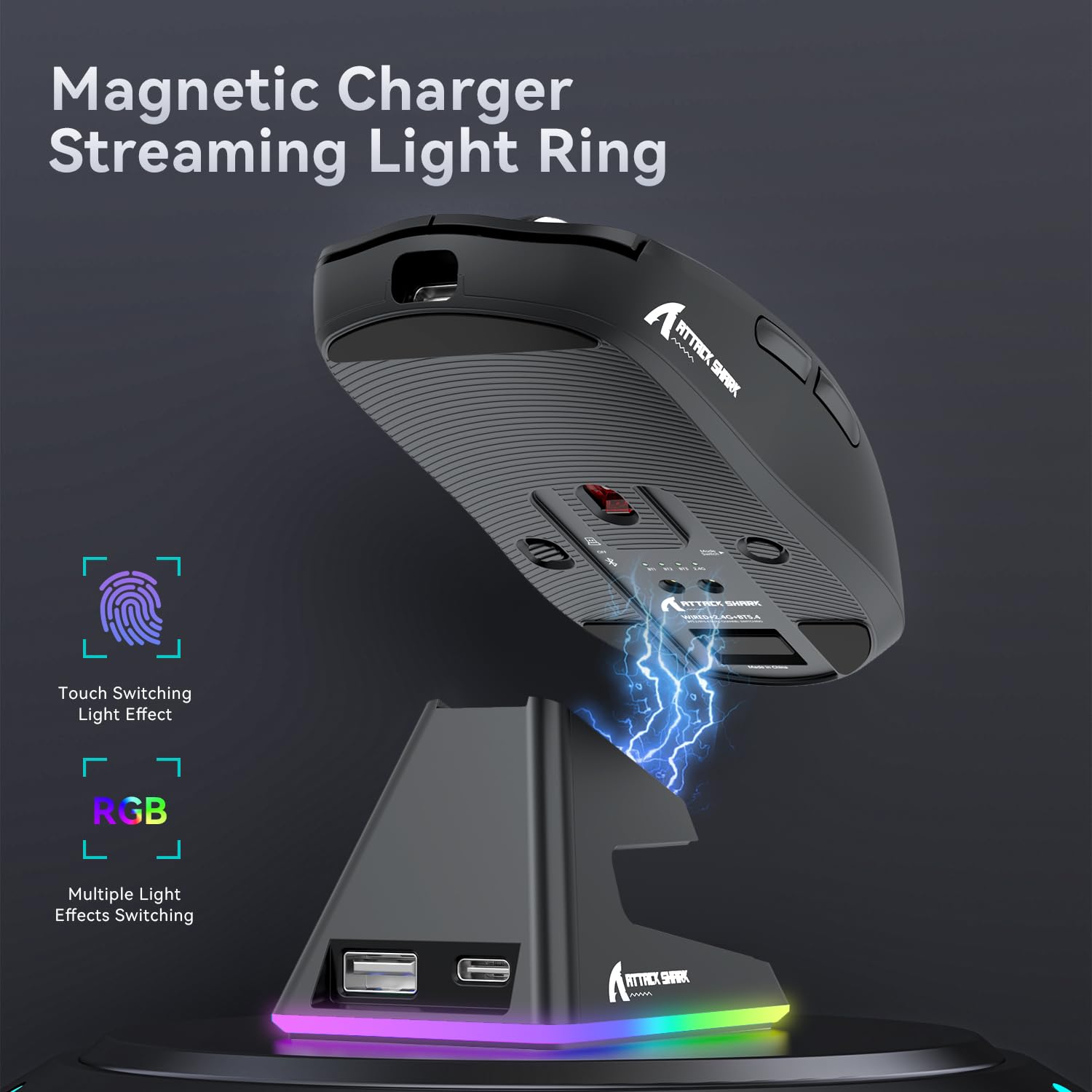 ATTACK SHARK Mouse SUPERLEGGERO X6 49g con Dock di Ricarica Magnetico, Sensore da Gioco PixArt PAW3395, Mouse da Gioco Wireless/Cablato BT/2.4G, 26000 DPI, Mouse da Ufficio Aggiornato X3 (Nero)