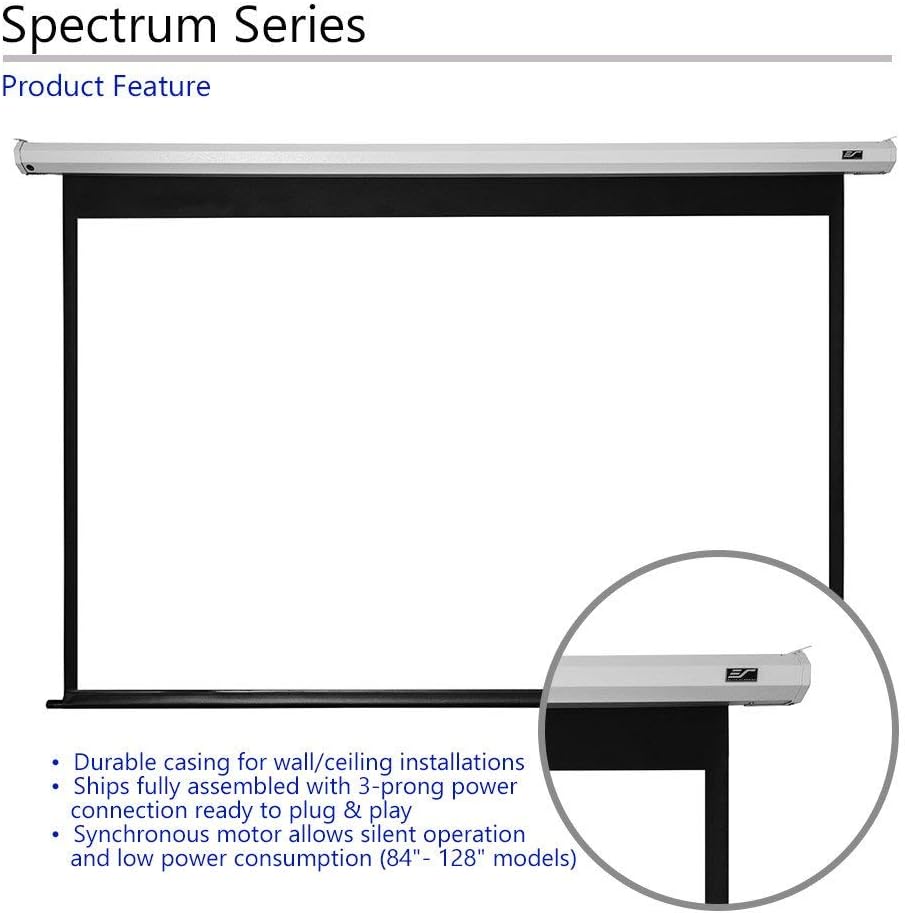 Diagram highlighting key features of the Elite Screens Spectrum series, including durable casing, plug-and-play readiness, and synchronous motor.