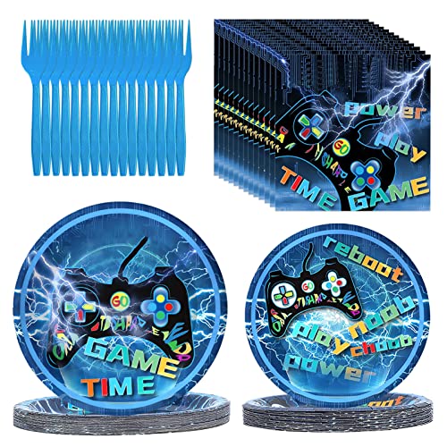64 Pieces Party Plates Forks Napkins For 16 Guests, Video Game Theme Table Decorations Supplies, Tableware Set For Boy's Birthday #TOP26
