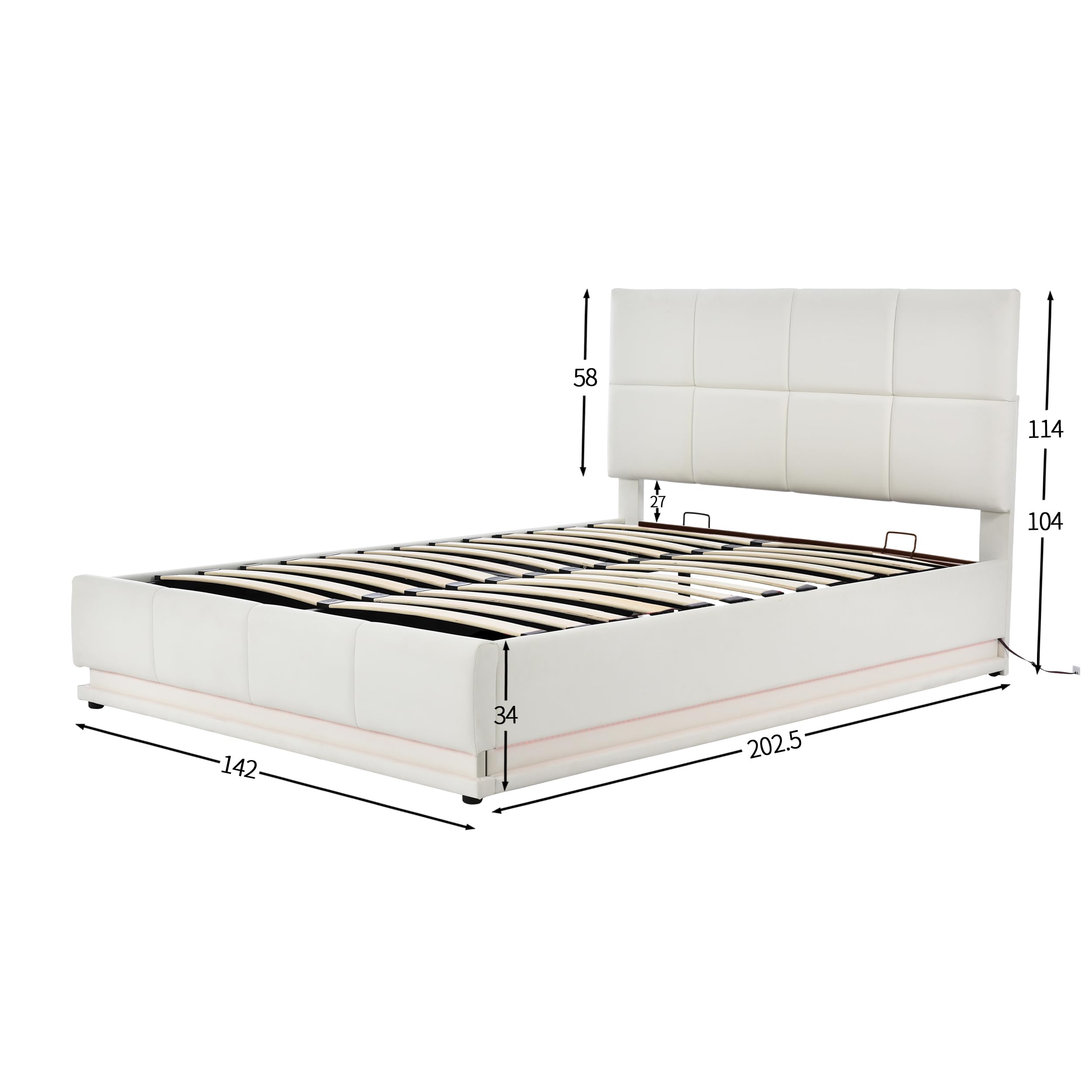 Letto Imbottito 140x200 Rivestimento in Similpelle Idrorepellente Letto Contenitore Fornito senza Materasso Giroletto Meccanismo Idraulico sotto la Rete Camera Bianco
