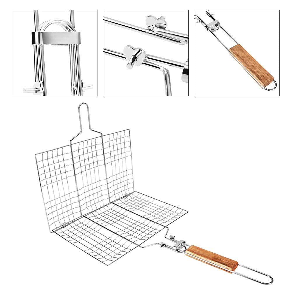 Griglia Pieghevole per Barbecue, Rete per barbecue, Portabile Griglia Barbecue Cestello per Griglia, Clip per Pesce alla Griglia con Manico in Legno, per Bistecca, Gamberetti, Carne, Verdure e Pesce