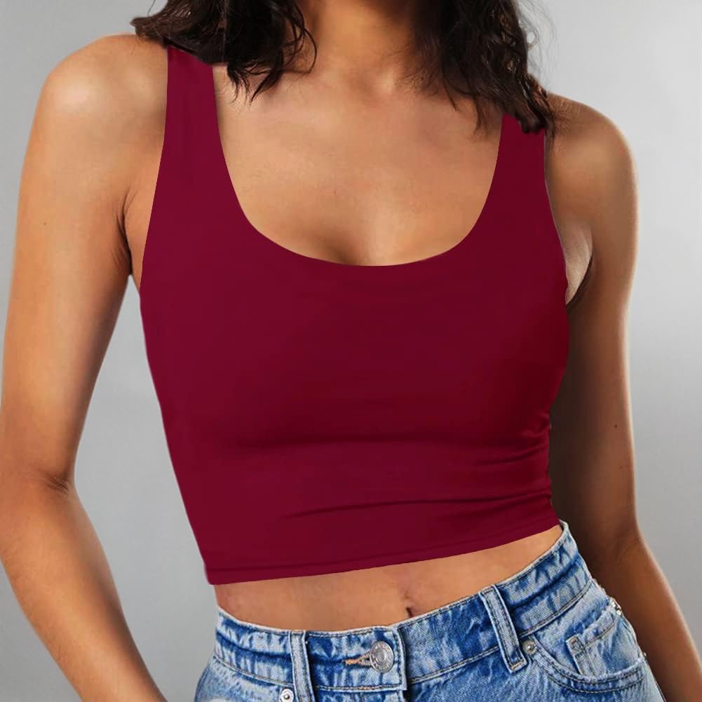 Women’s Sexy Sleeveless Crop Tops Double Layer Scoop Neck Cropped Tank Top - Image 3