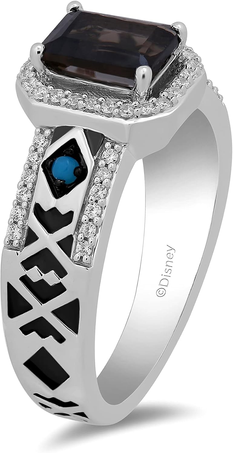 Jewelili Enchanted Disney Fine Jewelry Sterling Silver 7x5 MM Octagon Smokey Quartz and 1.5 MM Cabochon Round Turquoise with 1/5 Cttw Natural White Round Diamond Pocahontas Ring