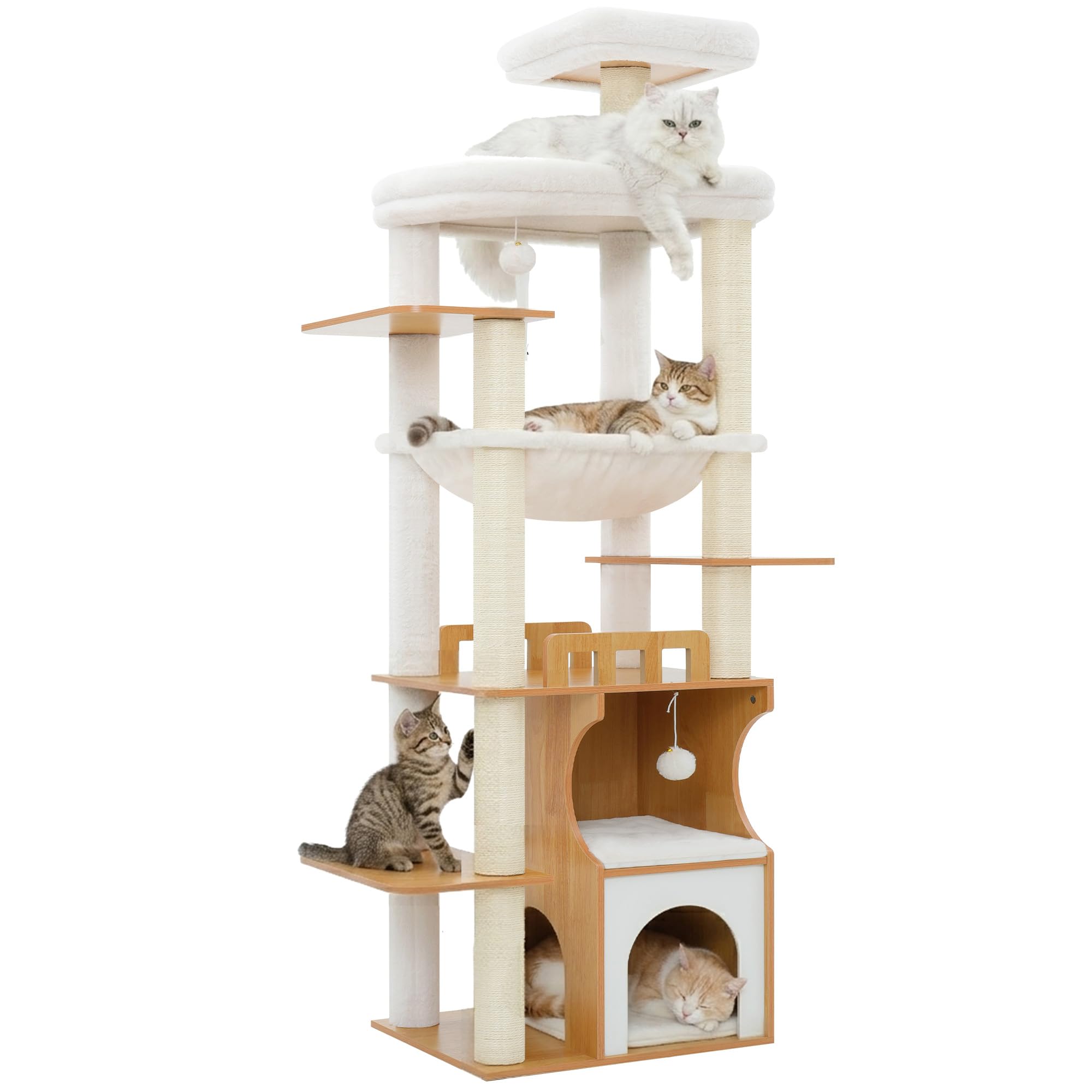Gitelsnour rascador para Gatos, 180 cm Árbol para Gatos de Madera Grande, Mueble Moderno para Gatos con Cuevas de Madera Doble, 2 Plataformas, Hamaca y Postes rascadores, Nogal GCT102WB