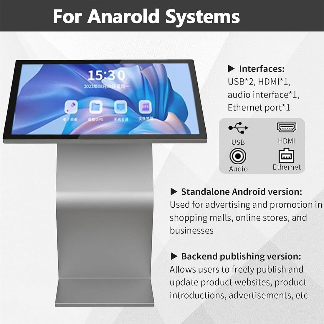 Quiosco De Autoservicio De Pie 21,5, 32 Y 43 Pulgadas con Pantalla Táctil; Pantalla De Señalización Digital FHD 1080p, 4 GB RAM + 32 GB, Operativo Android Y Terminal Integrado 21.5Inch