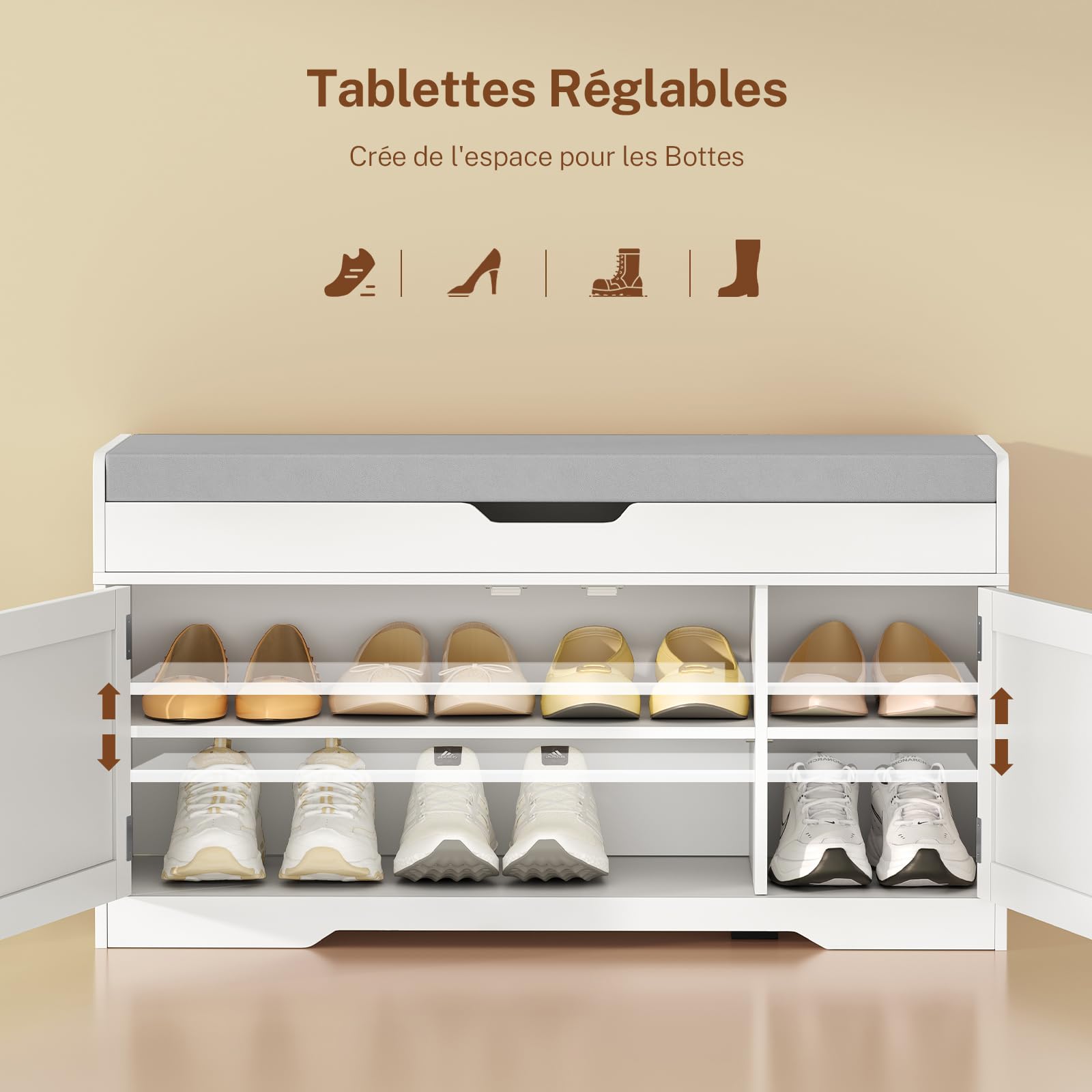 TEENFON 92cm Banc à Chaussures,Banc de Rangement avec Rembourré,Rangement Chaussures avec Portes, 2 Étagères Réglables,Meuble Chaussure pour Entrée, Chambre,92x35x50cm (Blanc)