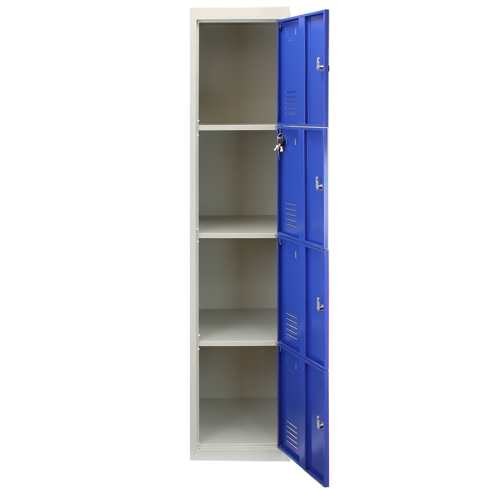 Taquilla Metálica para Montar con 4 Puertas Azules 45x38x180cm con Estantes llaves Imanes Portatarjetas Nombre Número Armario Casillero Metalico Blue Metal Locker Escuela Gimnasio Vestuario y Oficina