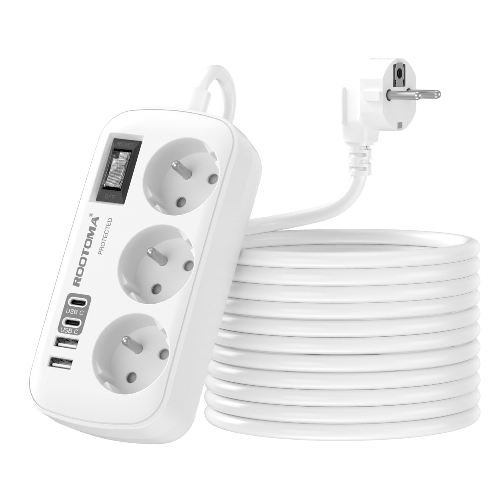 Rallonge Electrique 5M avec 4 USB(2 USB-C), Multiprise 3 Prises avec Interrupteur, Multiprise Parafoudre Fixation Murale pour Maison Bureau, Blanc 16A/4000W