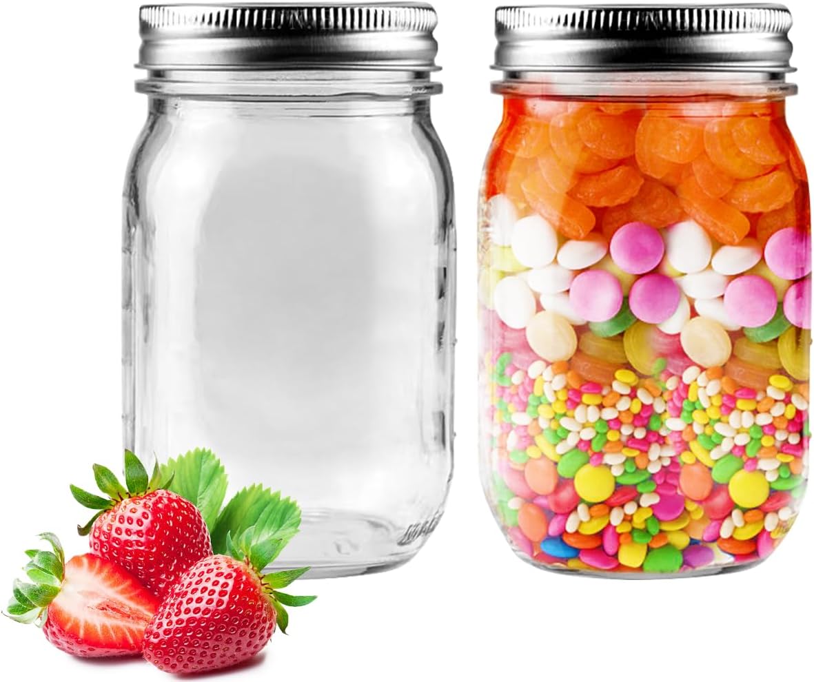 2 Pack Regular Mouth Mason Jars 16oz Glass Canning Jars with Airtight Lids for Jam, Honey, Jelly, Wedding Favors, Preserving, Sauces, Meal Prep, Overnight Oats, Salad, Yogurt