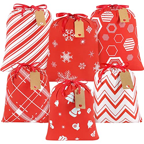 Advantez Coton Cordon Cadeaux Sacs, 6Pcs Sacs cadeaux Réutilisables Sacs cadeaux Noël Sacs en tissu Sacs en tissu pour Noël Thanksgiving Party Stocking Storage Cover