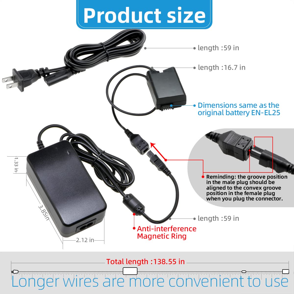 HangTon Kit Alimentatore CA Per Canon LP-E8 – Adattatore DR-E8 Per EOS 550D, 600D, 650D, 700D, Rebel T2i/T3i/T4i/T5i E Kiss X4/X5/X6
