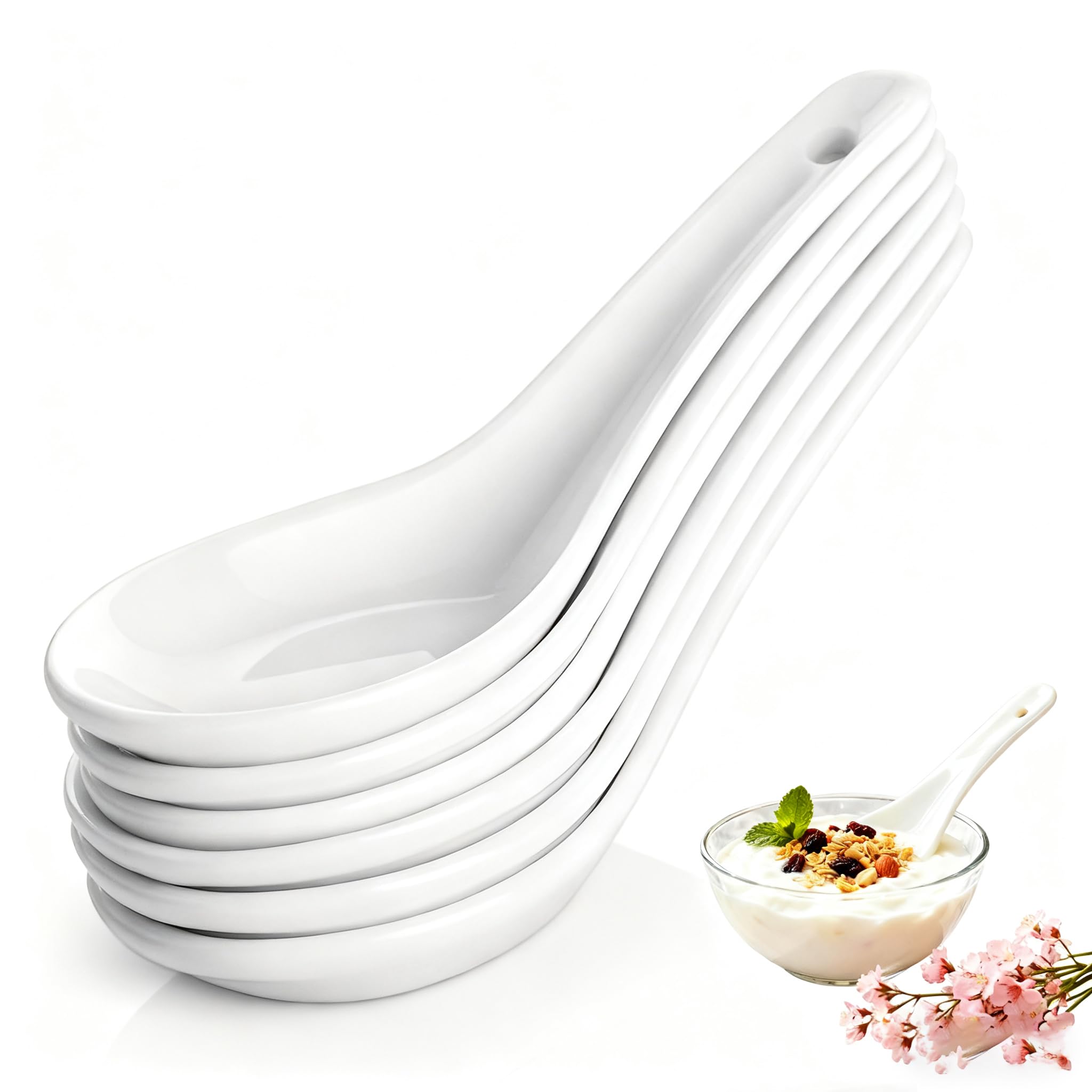 Photo 1 of Starry Era Soup Spoons Set of 6, Asian Ceramic Soup Spoons 5.3" Ramen Spoons Proper for Corelle Pho Miso Wonton Ramen Dumpling Macaron Dishwasher & Oven Safe
