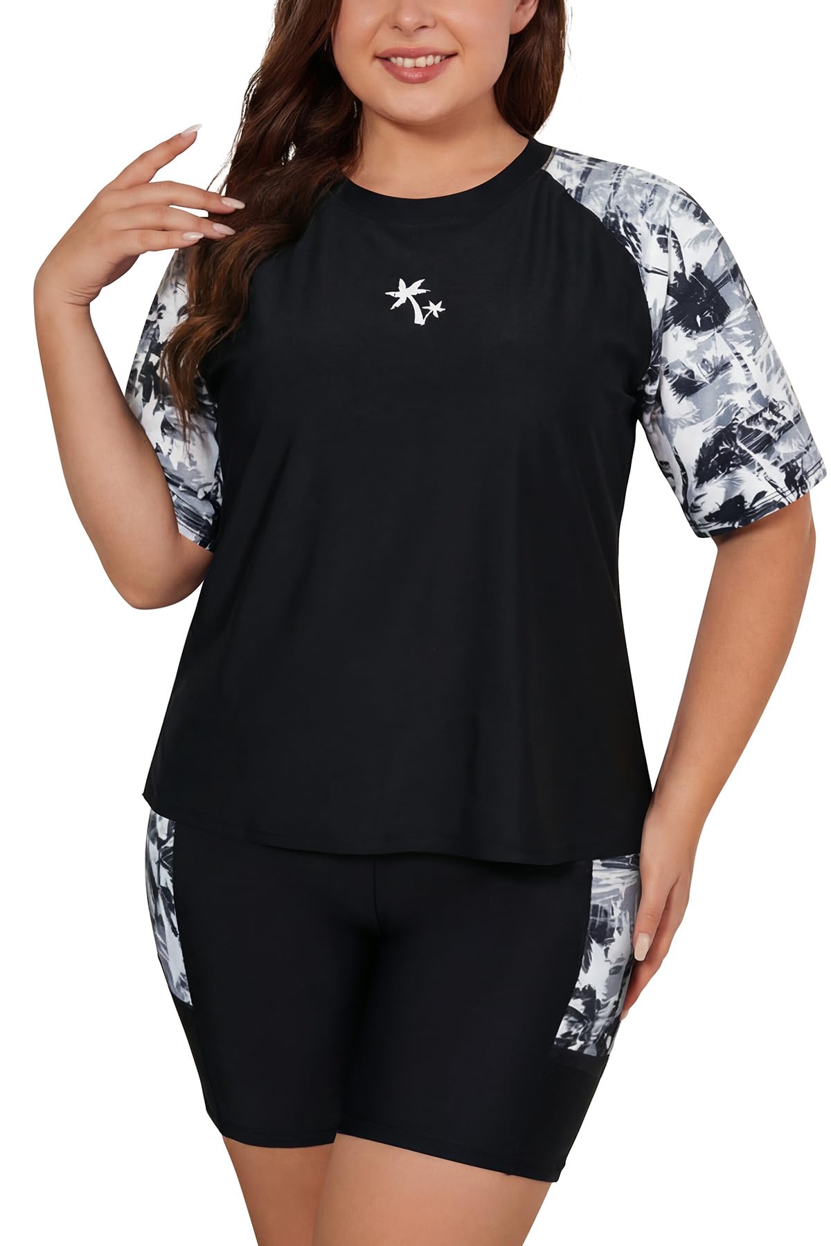 SHEKINI Großgröße Damen Rash Guard Set Badeshirt mit Badeshorts Schnelltrocknend Schwimmshirt für Surfen Sonnenschutz Badeanzug
