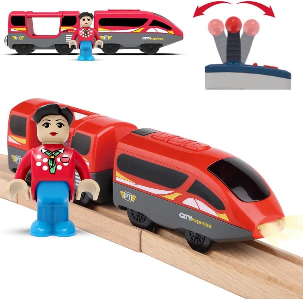 Accesorios para trenes de madera, tren locomotora con pilas, tren teledirigido para kit de rieles, vehículos de tracción de motor potentes, apto para sistemas ferroviarios de todas las grandes marcas