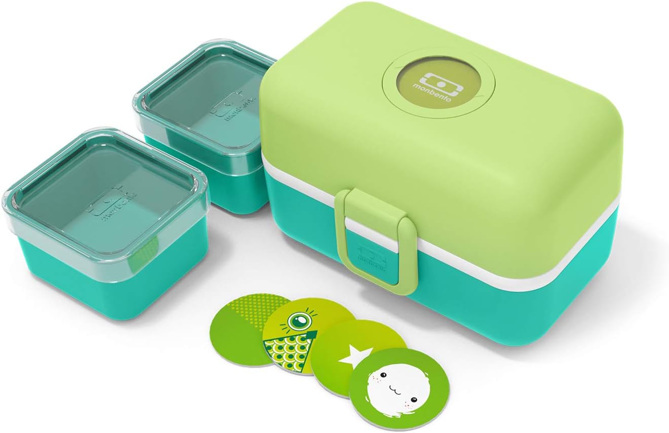MONBENTO - Kids Lunch Box MB Tresor Apple - Bento Box with 3 Compartments - Ideal for Lunches or Snacks at School/Park - BPA Free - Food Grade Safe - Green