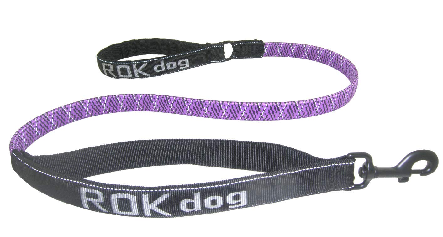 ROK DOG NEW REFLECTIVE NO JOLT SAFETY STRETCH LEAD (PURPLE REFLECTIVE WITH BLACK)