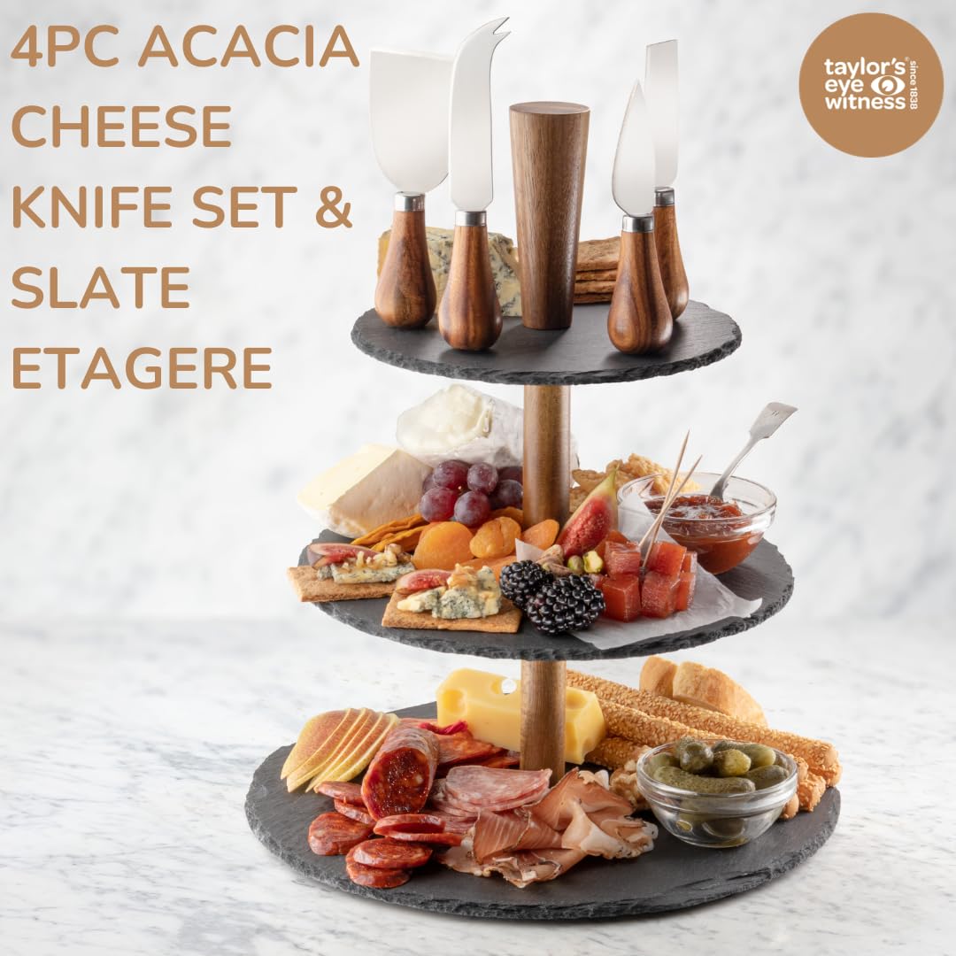 Juego de cuchillos de queso de acacia de 4 piezas y soporte de pizarra de 3 niveles. Elegante juego de cuchillos de queso con soporte de pizarra etagere, mangos de cuchillos de madera de acacia y