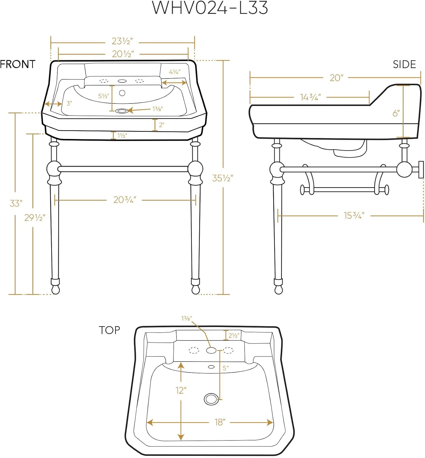 Whitehaus Collection WHV024-L33-3H-B Victorian Style Bath Console Sink with Interchangeable Towel Bar and Backsplash