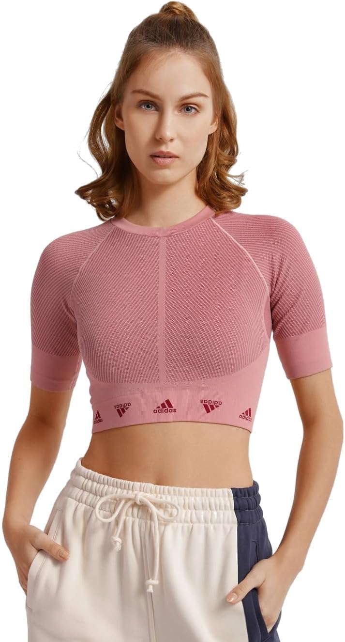 adidas Womens Aeroknit Training Tee, Legacy Burgundy/Wonder Mauve, X-Large