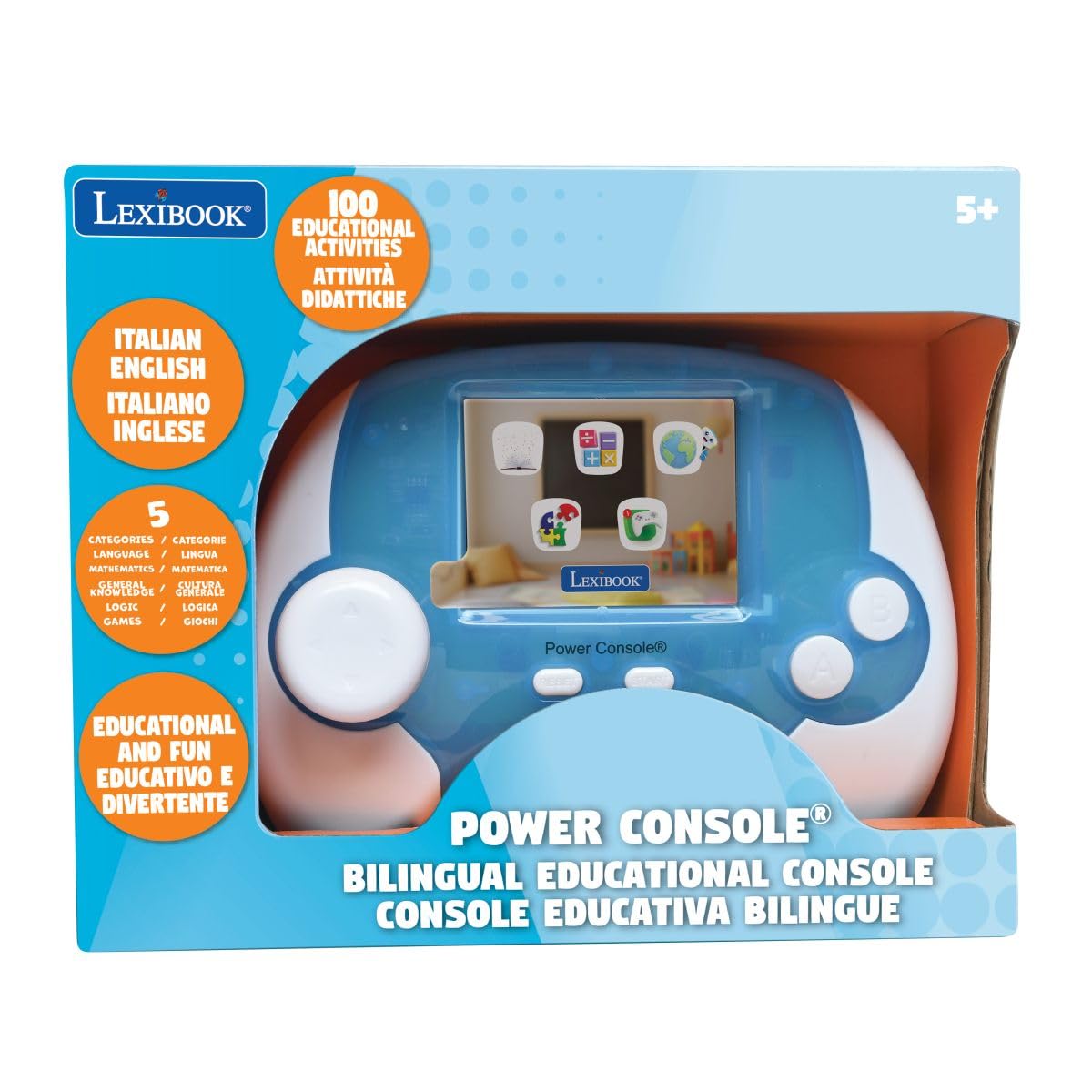 Lexibook, Elektryczna konsola edukacyjna dwujęzyczna przenośna mówca, kolorowy ekran LCD 2,8", 100 zajęć w języku angielskim i włoskim, kabel do ładowania USB-C, niebieski/biały, JCG100i5LXB