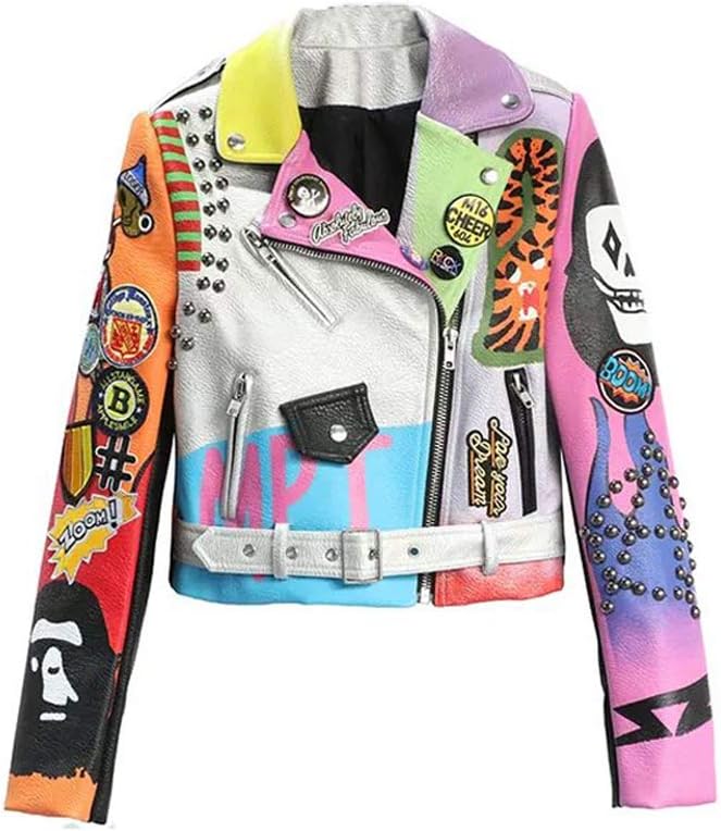Women Leather Jacket Faux Motorcycle Biker Jacket Graffiti Cropped Coat with Brooch Pins