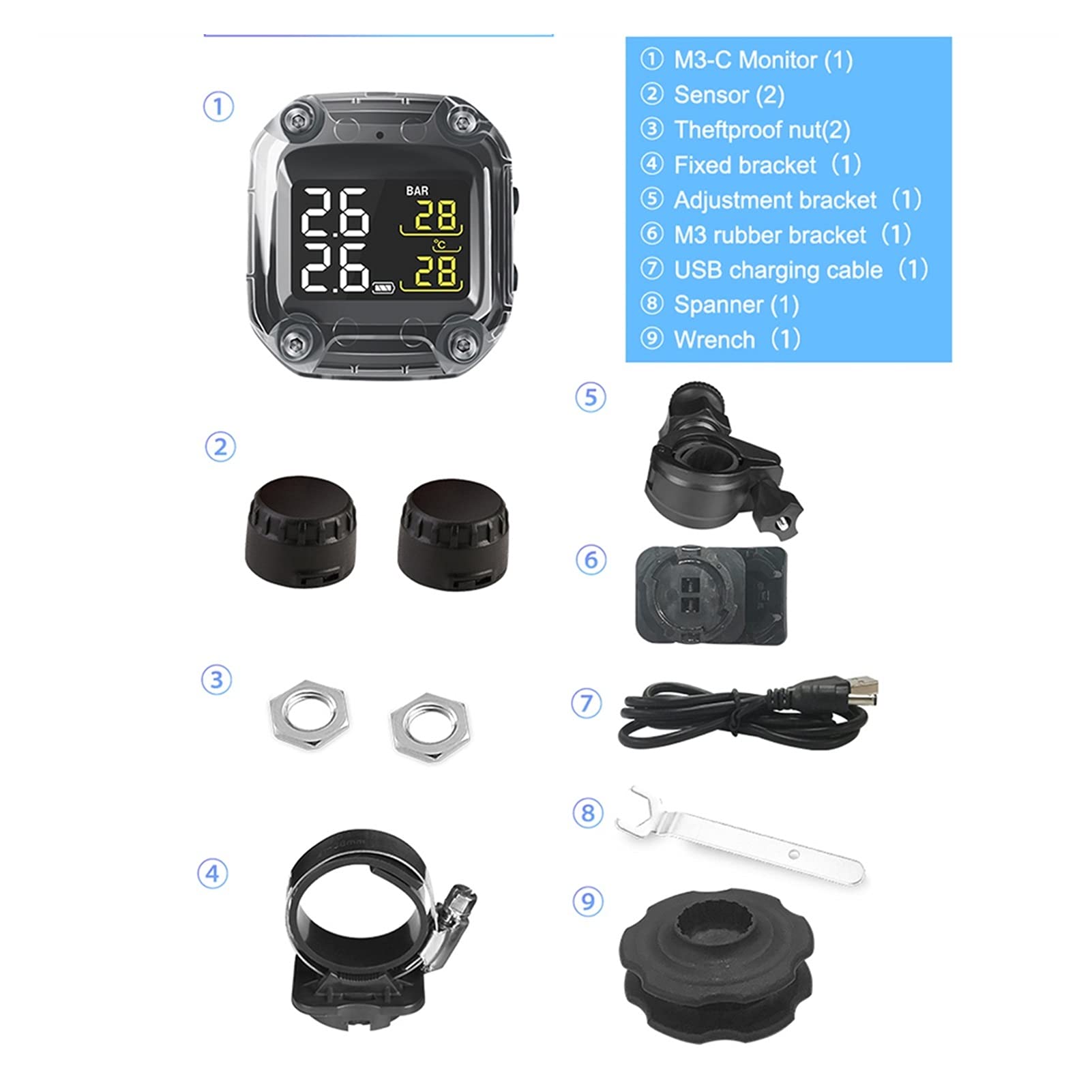 Sistema de Control de presión de neumáticos M3-C. Moto inalámbrica. TPMS. Sistema de Control de presión de neumáticos Real Externo Universal 2 sensores internos externos Pantalla LCD