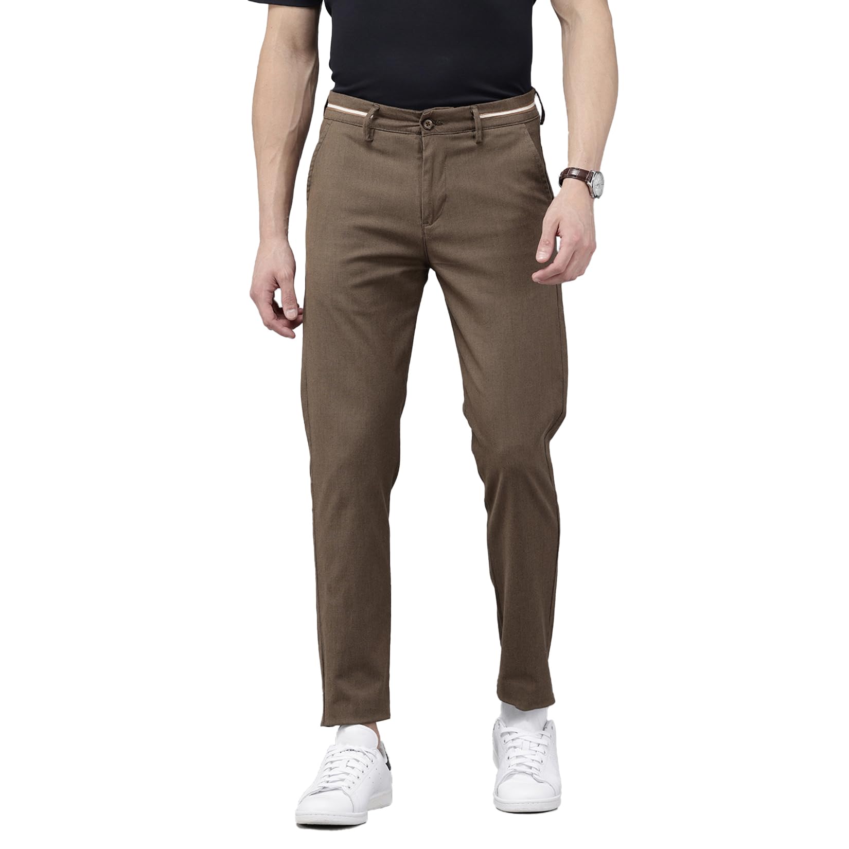 Mens Light Brown Cotton Caribbean Slim Fit Trousers | Mid-Rise Solid Woven Pants with 6 Pockets | Party Soft Wash Finish -2962-855-image-49
