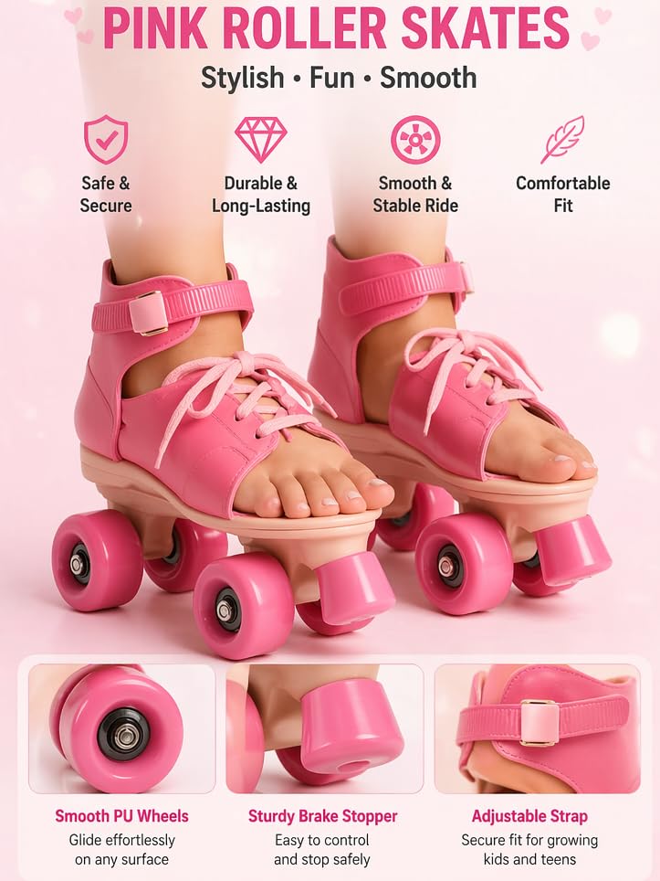 Image of KAVANA Adjustable Inline Roller Skates for Kids Girls Age 4-12 | Beginner-Friendly Skating Shoes with Front Brake & Polyurethane Wheels | Skates for Boys & Girls 4+ Years (Multicolor) (Pink)