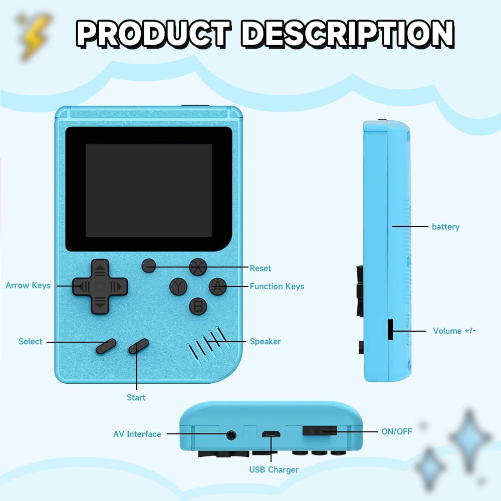 Retro Handheld Game, 3.0 inch LCD Screen Portable Gaming, 1020mAh Rechargeable Battery, Mini Electronic Gaming Player Xmas Birthday (Blue)