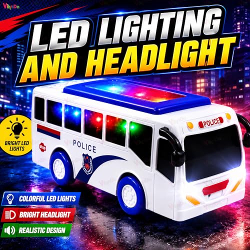 Image of Vikrida Friction Powered Police and School Bus Toy for Kids | Light & Sound Battery Operated Vehicle with LED Effects - Combo Pack of 2 Pcs
