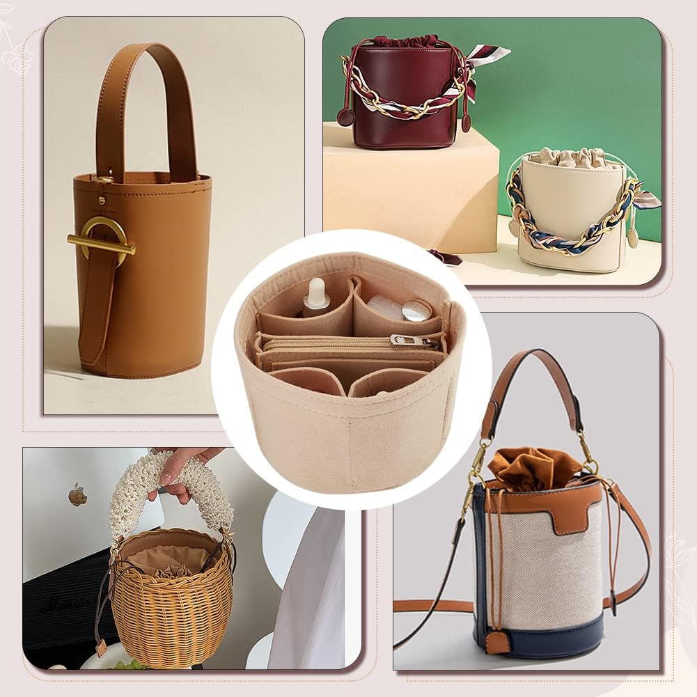 WADORN Small Felt Purse Organizer Insert, Handbag Insert Liner for LV Cannes Round Bucket Bag Organizer Barrel Bags Interior Inserts Accessories for Bucket Makeup Bag, 5.11x4.65 In, Beige