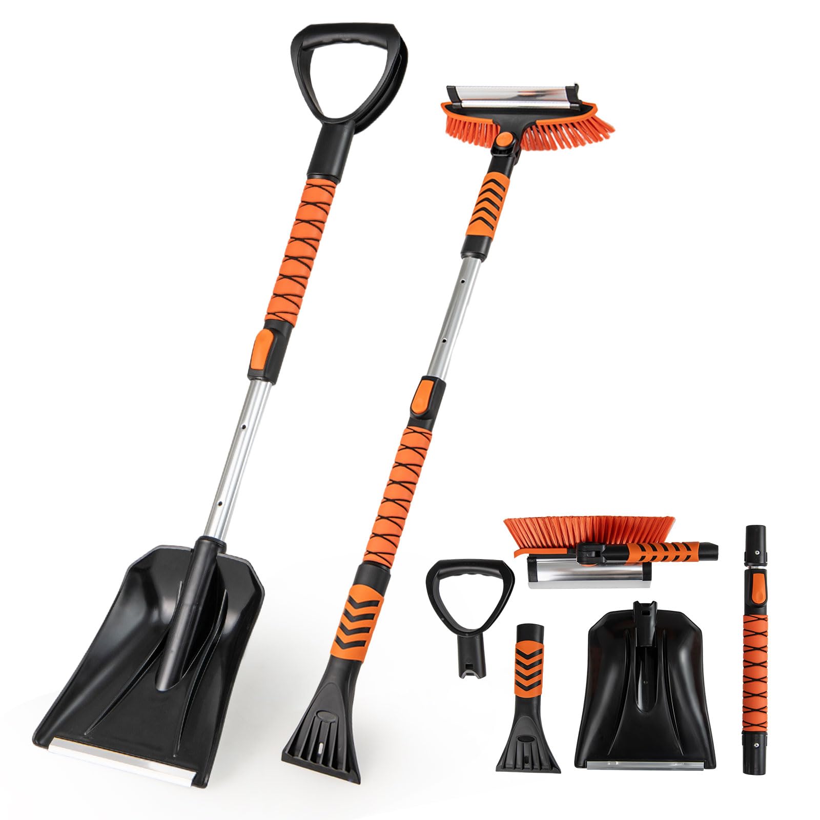 GOPLUS 4 in 1 Pelle a Neige Extensible 80/100cm, Grattoir Pare Brise Voiture et Brosse Voiture Détachable 87/107cm, Tête Pivotante à 180°, Manche en Aluminium, Poignée Mousse, pour Camions, SUV