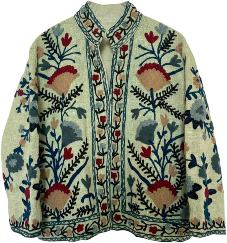 Handcrafted Cotton Suzani Embroidered Jacket, Traditional Floral Pattern, Open Front Cardigan Style