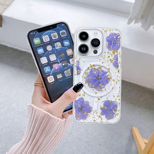 Miniatura 5 de Abbery Funda magnética para iPhone 14 Pro de 6.1 pulgadas, compatible con MagSafe Cute Clear con diseño de purpurina brillante, flores secas
