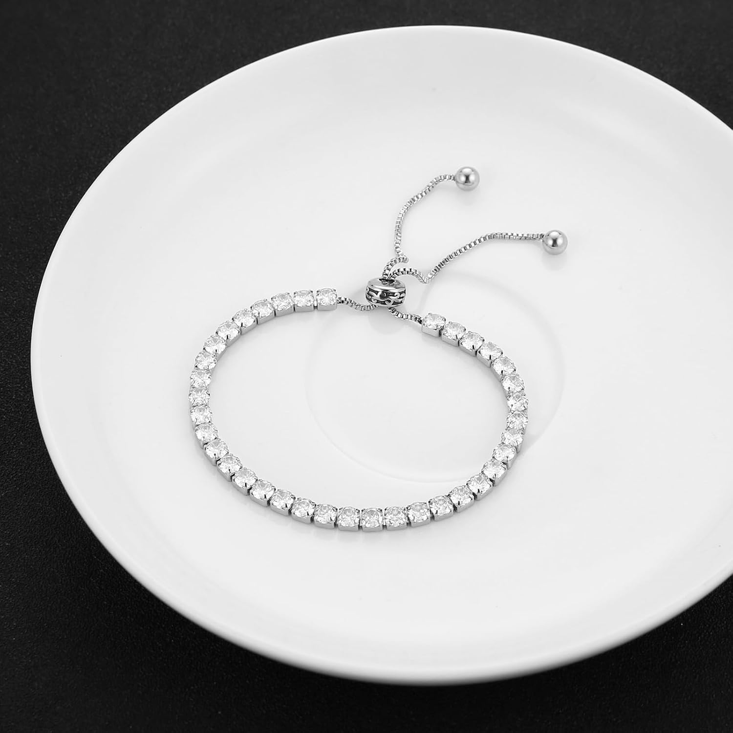 HZMAN 4mm Wide Silver Tennis Bracelet, Adjustable Bracelet Made of 37 Pieces Artificial Crystals for Women
