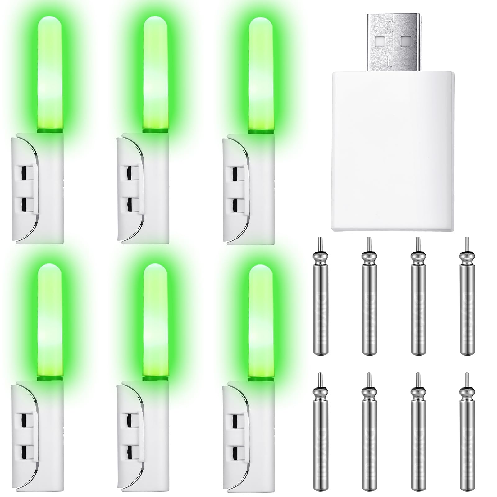 Glooglitter 6 Pcs Fishing Glow Sticks LED Fishing Pole Light Night Fish Alert Glow Stick with 8 Pcs Rechargeable CR425 Battery and Battery Charger(Green Light,Classic Style)