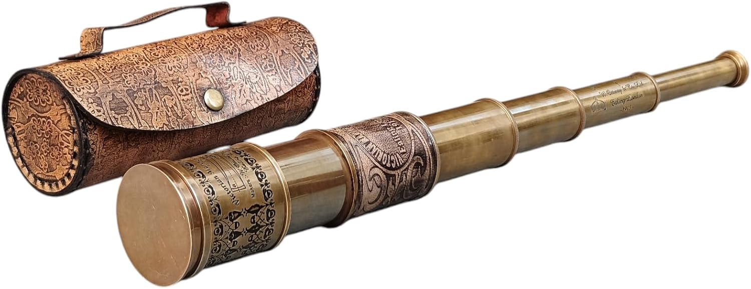 Antique Brass Pirate Telescope – Vintage Handheld Spyglass – Nautical Monocular Telescope for Kids, Cosplay, Décor, or Gifts – Foldable Brass Scope with Leather Box