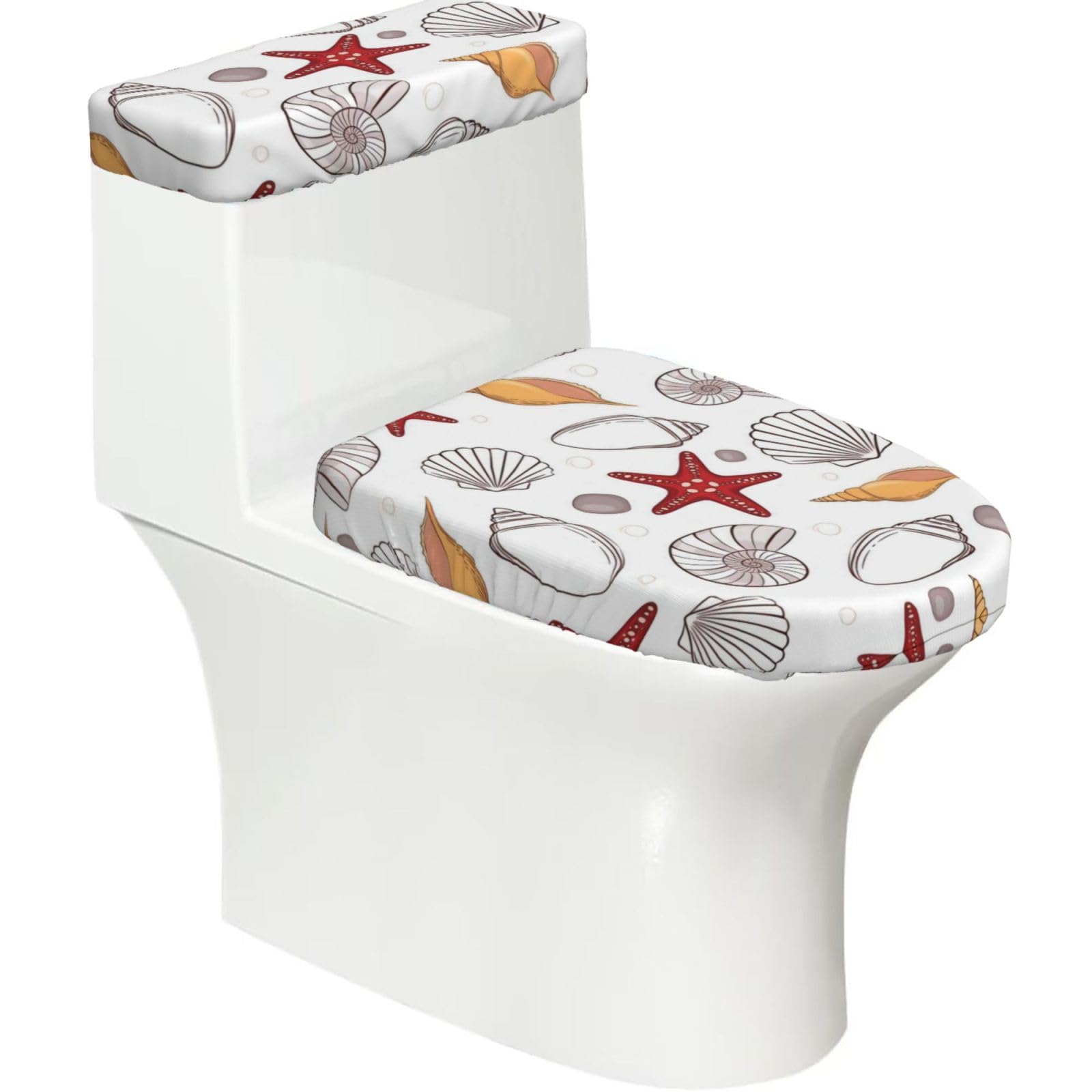 Wzycwb Black Shell Starfish 2-Piece Toilet Seat Cover Set With Tank Lid, Elastic Fit For U-Shape & Elongated Toilets, Bathroom Decor, Housewarming Gift