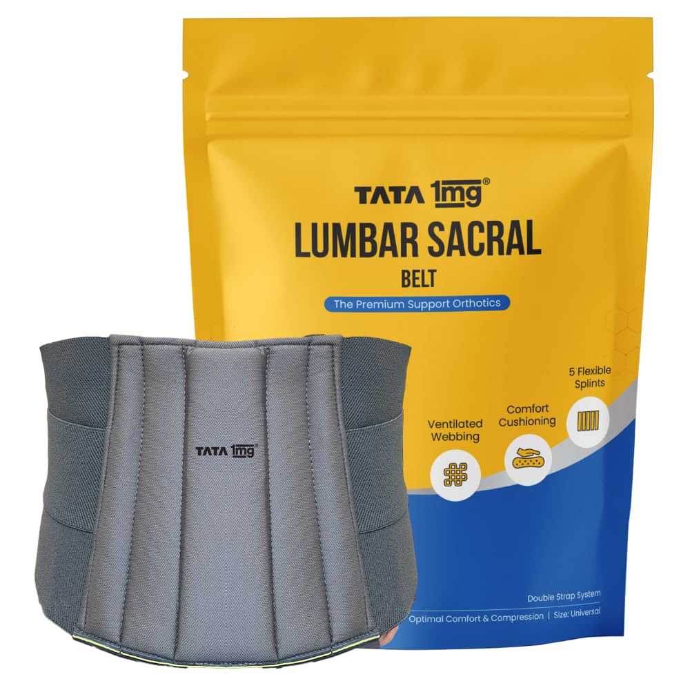 TATA 1MG Lumbar Sacral Belt for Relief from Back Pain and Muscle Spasms | With 5 Flexible Splints for Optimal Lower Back and Waist Support | For Men and Women | Universal Size | Pack of 1