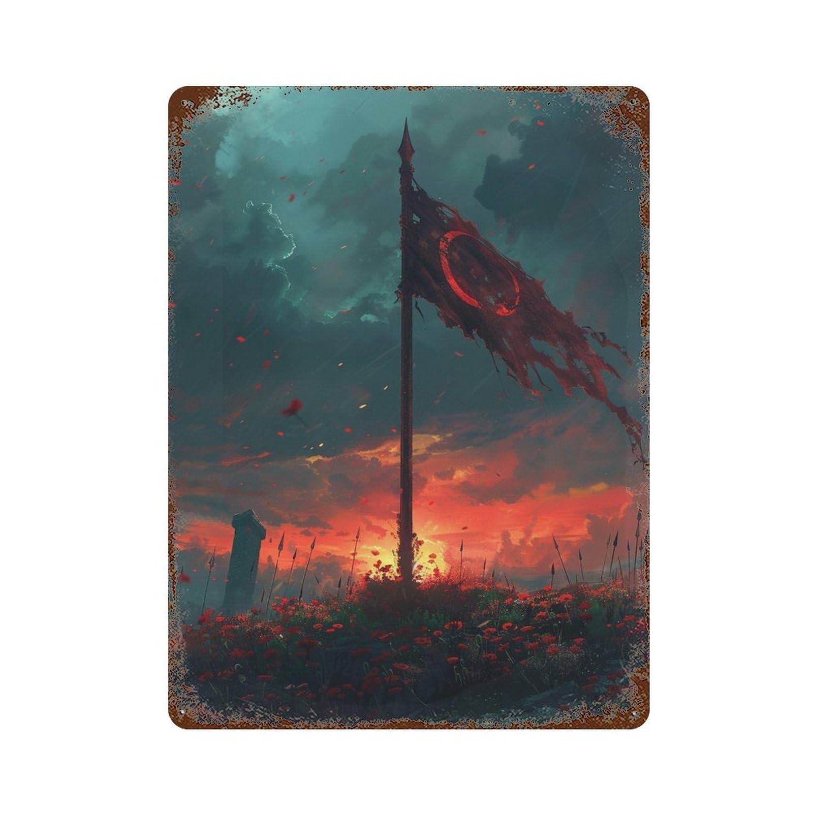 Warrior's Sunset Flag Rusty Metal Tin Sign 15.7"x11.8", Ideal for Shed, Workshop And Garage Wall Decor