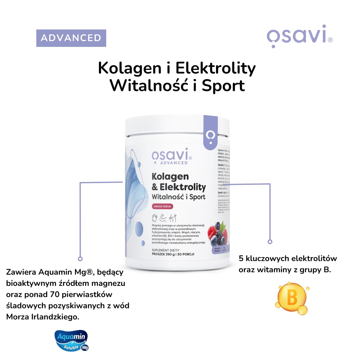 Osavi Kolagen & Elektrolity Witalność i Sport – 390 g proszku | Smak owoce leśne | Peptydy kolagenowe TENDOFORTE® | 5 elektrolitów + witaminy B | Aquamin Mg® | Wsparcie podczas aktywności fizycznej