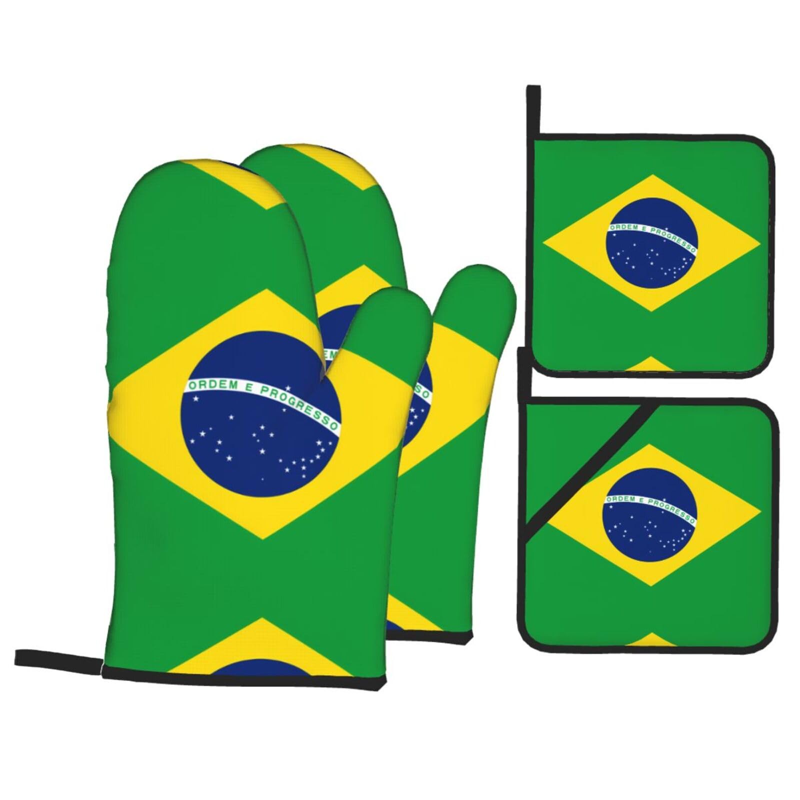 YYHHAOFA Brazilian flag Prints Kitchen Baking Set with Heat Resistant Pot Holders & Oven Mitts - Waterproof Layers for Cooking, Grilling & Serving, Includes Pocket Layer