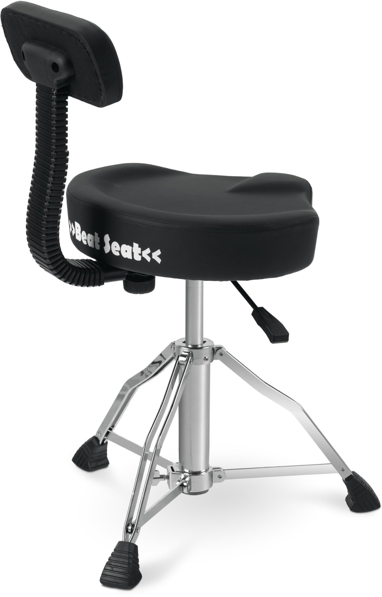 XDrum BeatSeat Drumhocker con Schienale Seduta a Sella - Rivestimento in Pelle Sintetica Nera - Regolazione Altezza 45-60 cm - Piedini Antiscivolo Gambe Doppie
