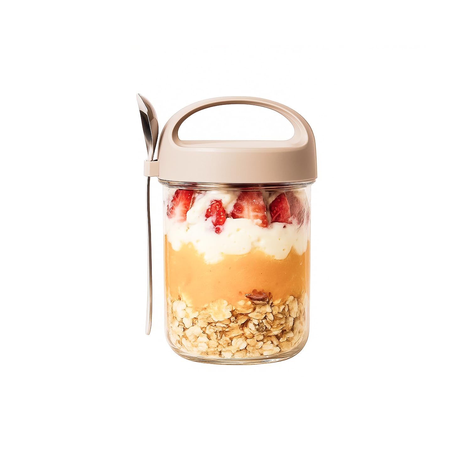Soko Overnight Oats Glass Jar with Lid and Spoon | Portable Mason Oatmeal Container | On-The-Go Breakfast Cup | Large Kitchen Storage for Healthy Eating - Fruit, Milk, Salad, Nuts, Yogurt - Beige-picture-18