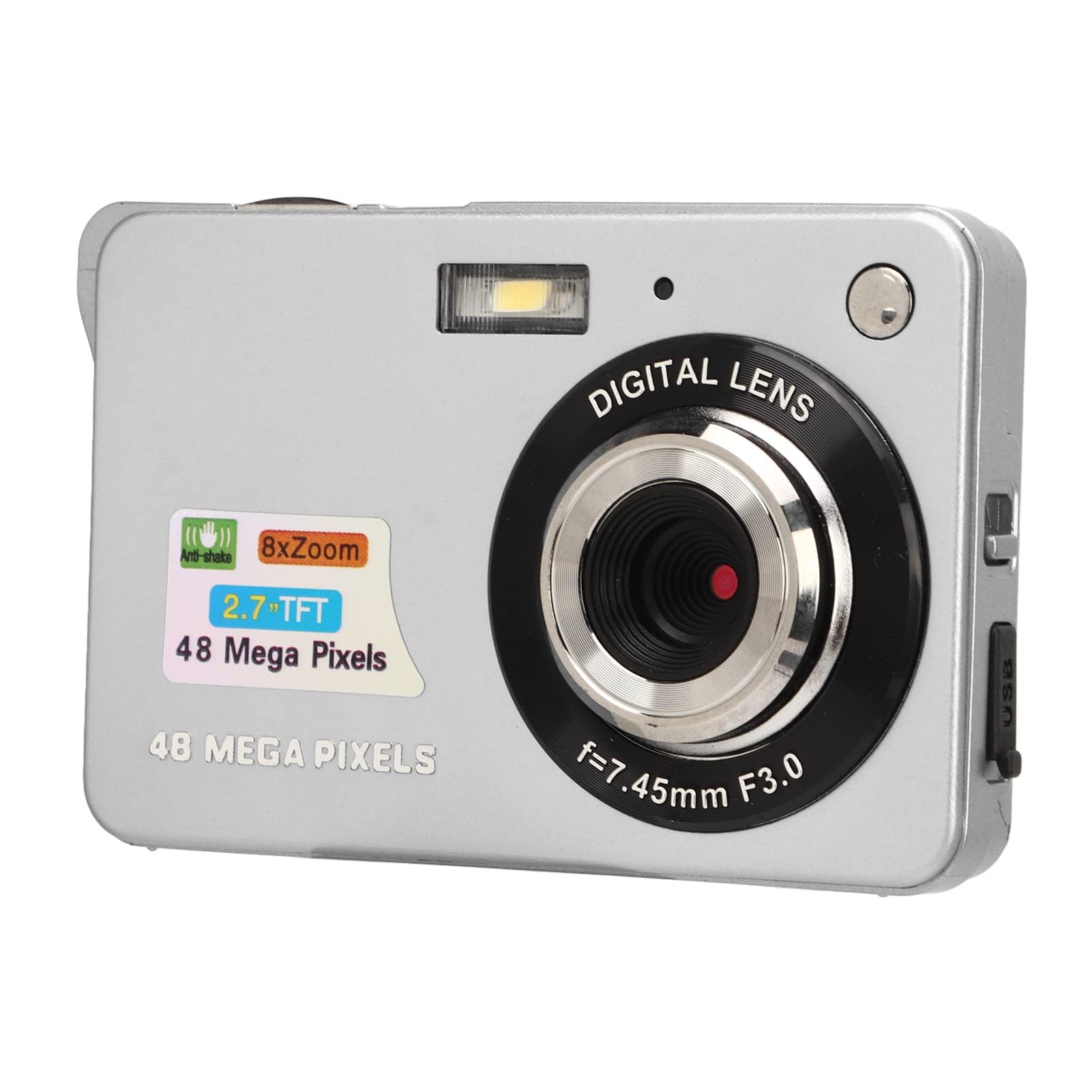Appareil Photo Numérique 4K pour la Photographie, Appareil Photo de Poche Compact 48MP avec écran LCD 2,7 Pouces, Appareil Photo Vlogging 8X Anti-secousses pour Adultes Seniors (Argent)