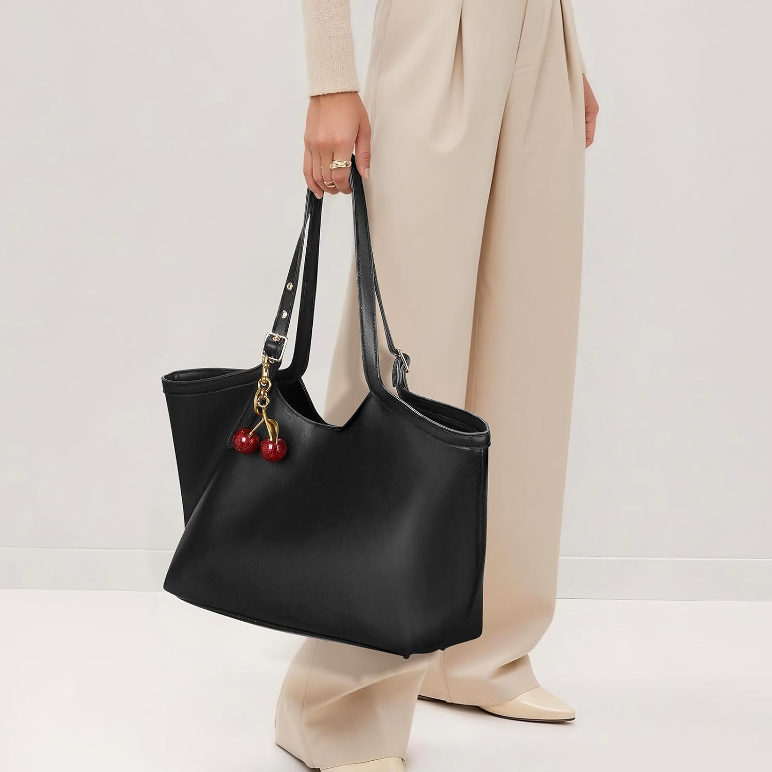 JQWSVE Faux Leather Tote Bags for Women Cherry Shoulder Handbag Large Capacity Work Tote Bag Weekender Bag Shopper Handbag - Image 2