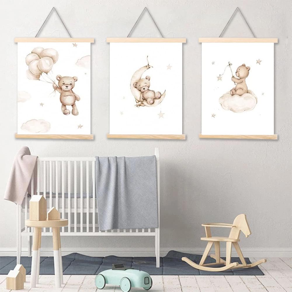 Youihom 3 Stampe per Cameretta Neonato Orso Beige Quadro Camera da Letto Bambini Palloncino Nuvola Luna 30x40 Quadretti Cameretta Ragazzo Stella Poster Tela senza Cornice