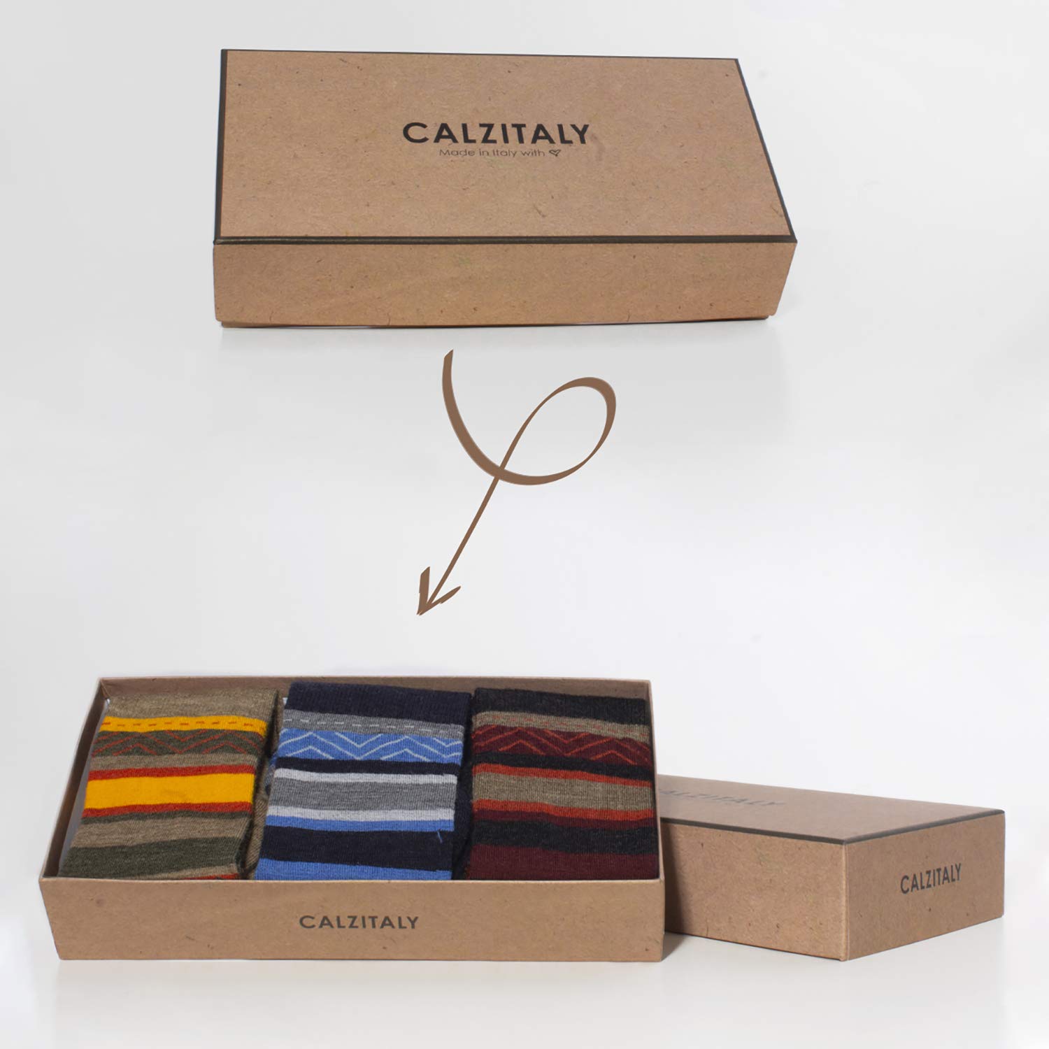 CALZITALY 3 Paia di Calze in Lana Merino con Fantasia a Strisce | Blu, Beige, Nero | 35/38, 39/42, 43/46 | Made in Italy